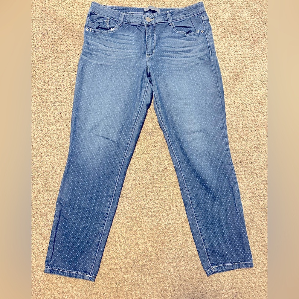 Wit & Wisdom brand jeans, size 12short, blue w/small white polka dots